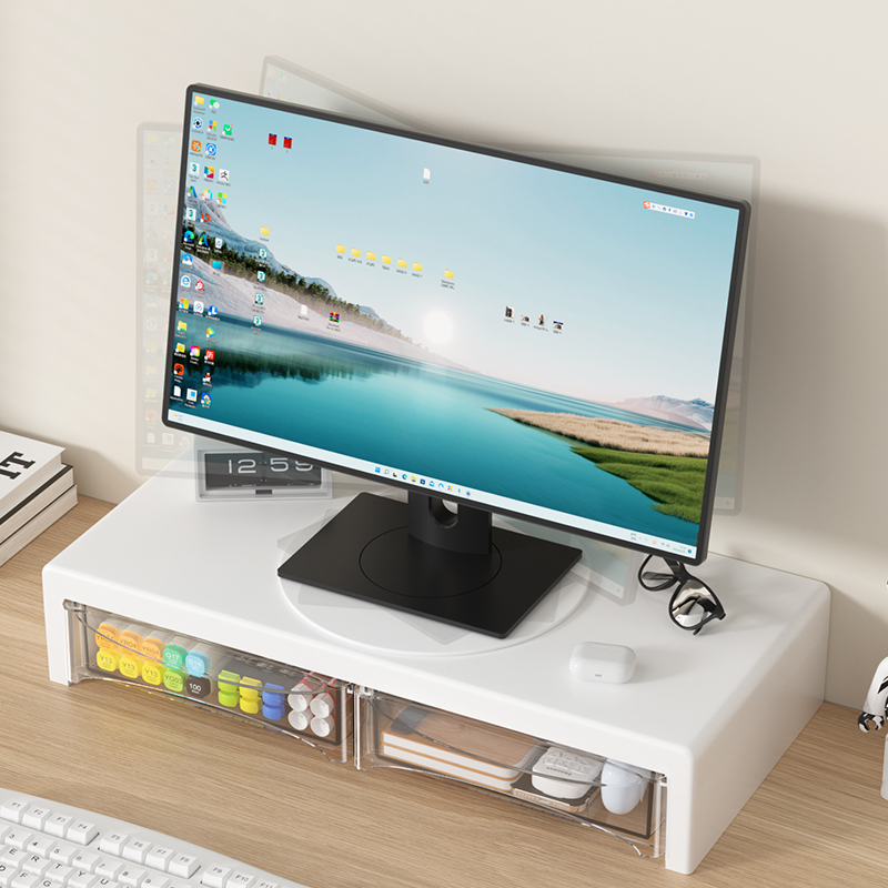 Home Office Desk With Drawers - 2-laags monitorstandaard, kunststof monitorverhoger met lade,