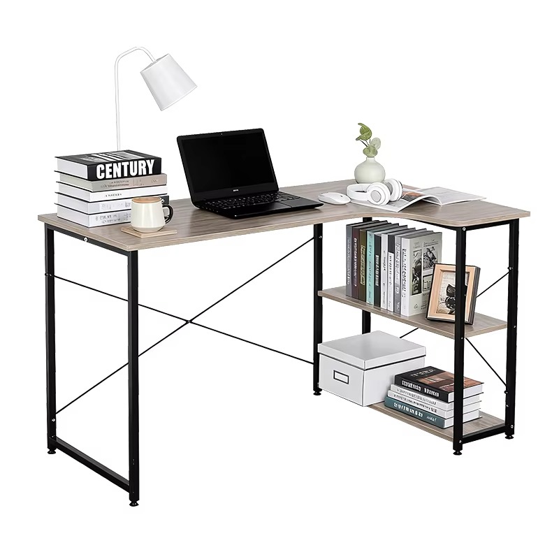 Home Office Desk With Drawers - L-vormig hoekbureau met geïntegreerde boekenplank, wandgemonteerde
