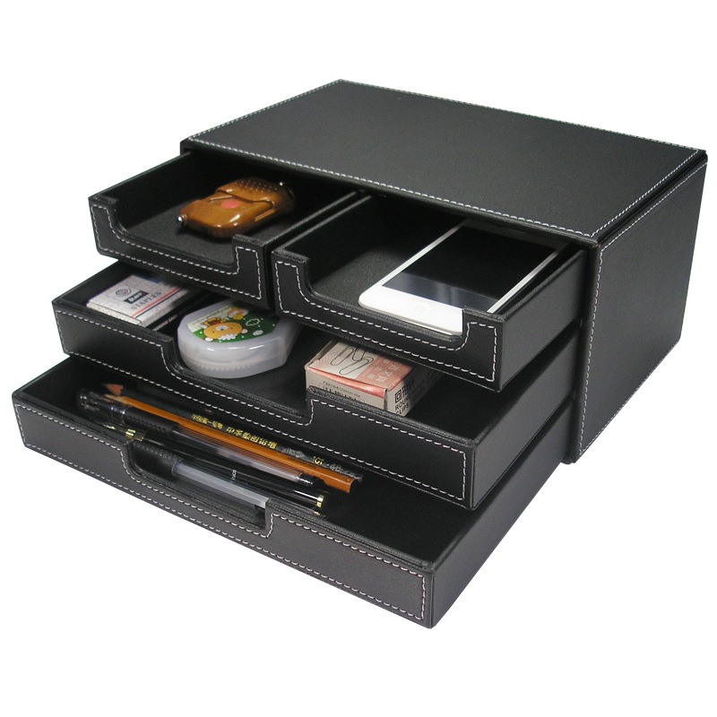 File Cabinet Drawer - Zwart lederen kleine archiefkast met vier