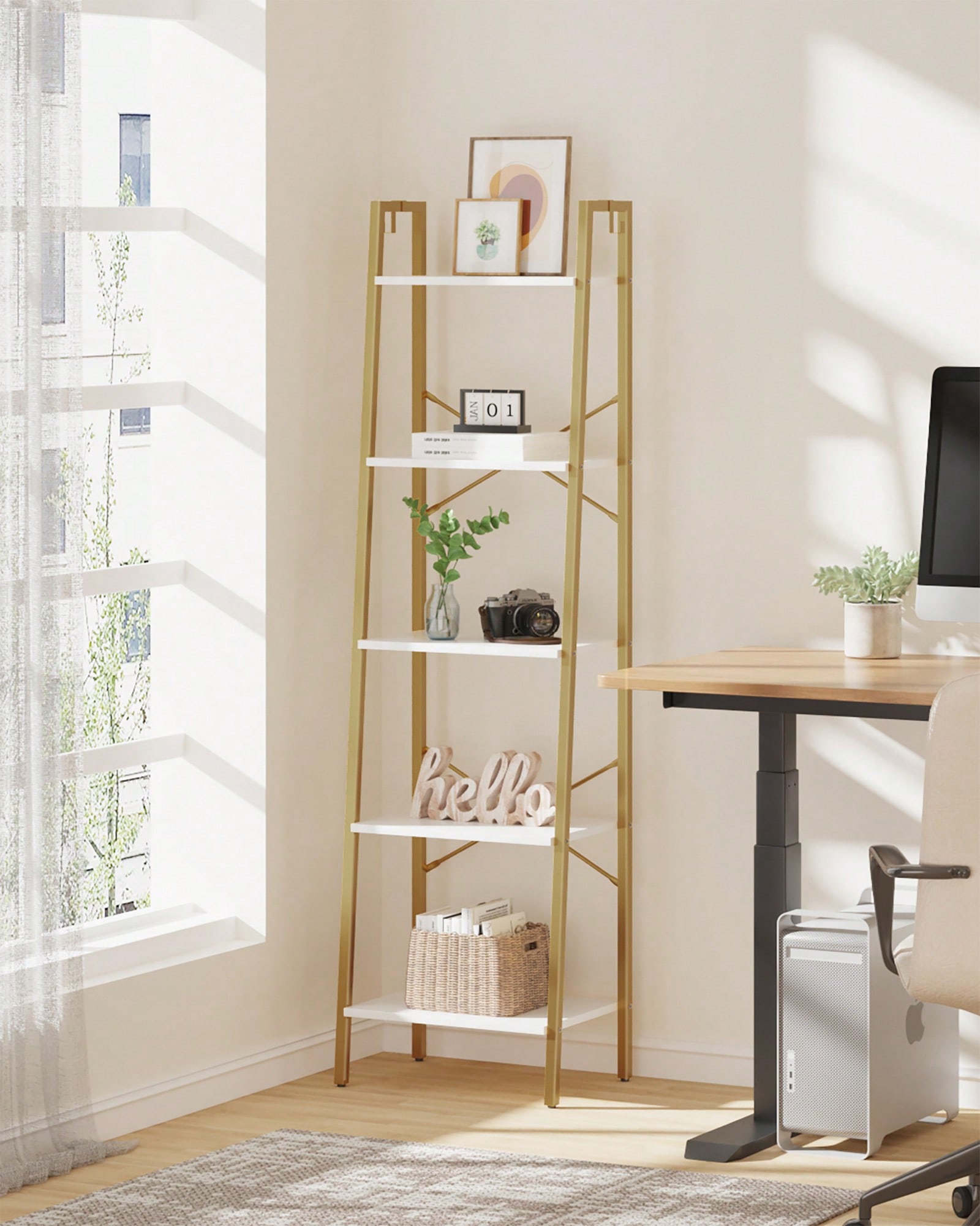 Bookcase Wood Shelf - 5-laags ladderplank modern glam wit goud