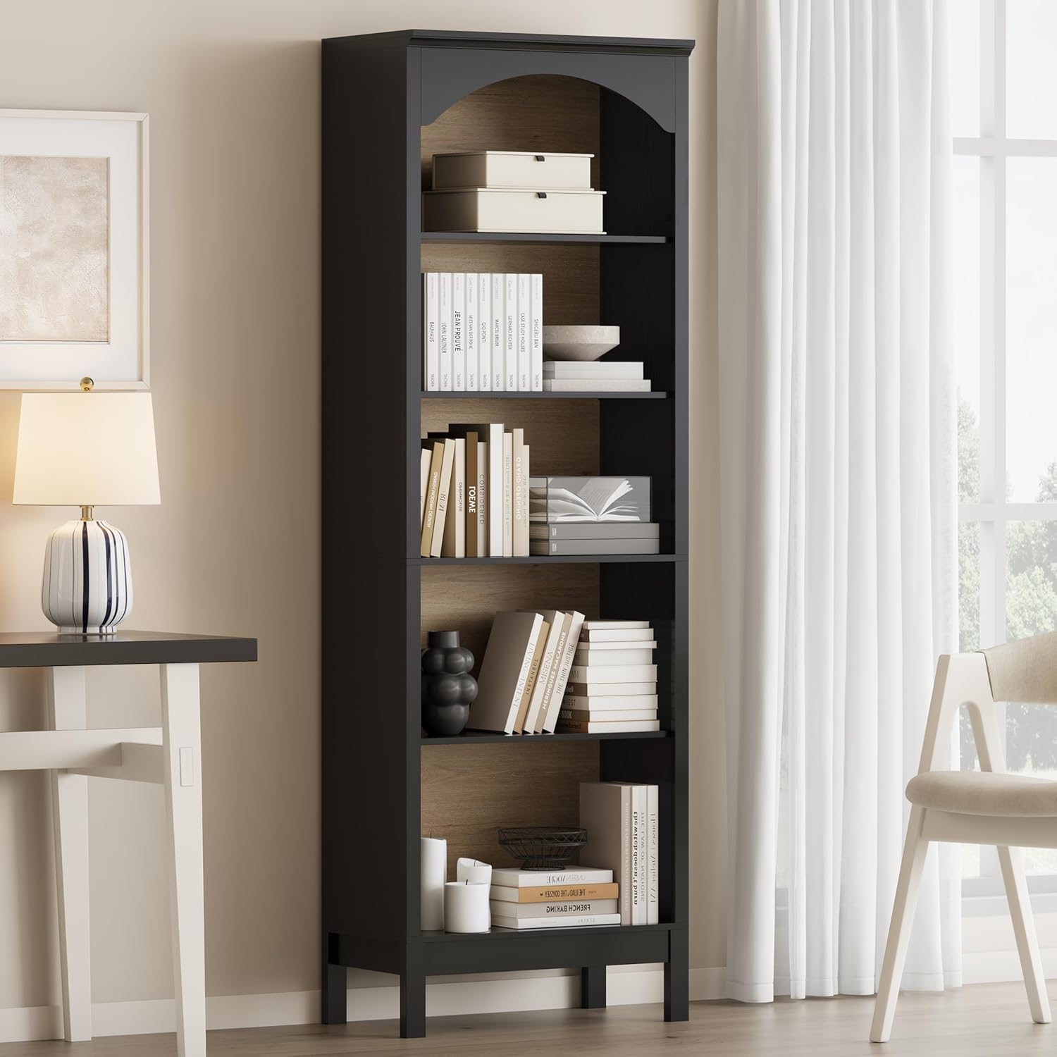 Gebogen boekenkast met 5 open  - Bookcase Wood Shelf recensie en prijs